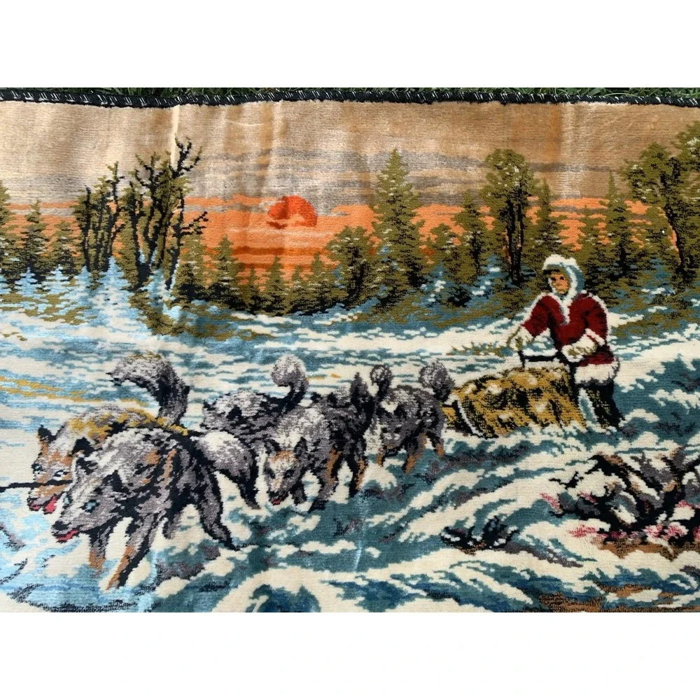 Vintage 60s Velvet Wall Tapestry Alaskan‎ Iditarod Dog Sledding Snowy Sunrise